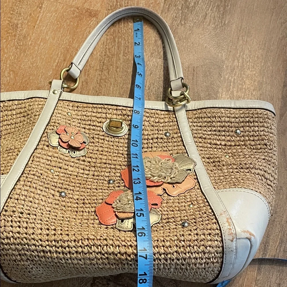 Vintage Coach Hampton Floral Leather & Woven Straw Tote Bag - Picture 9 of 13